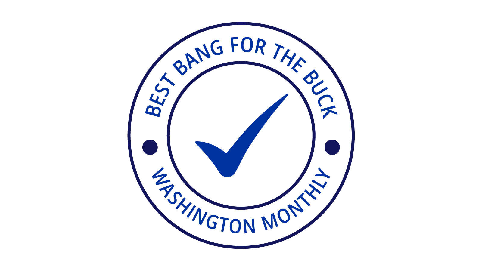 Circle with a checkmark in the middle and the words, "Best Bang for the Buck, Washington Monthly" around it.